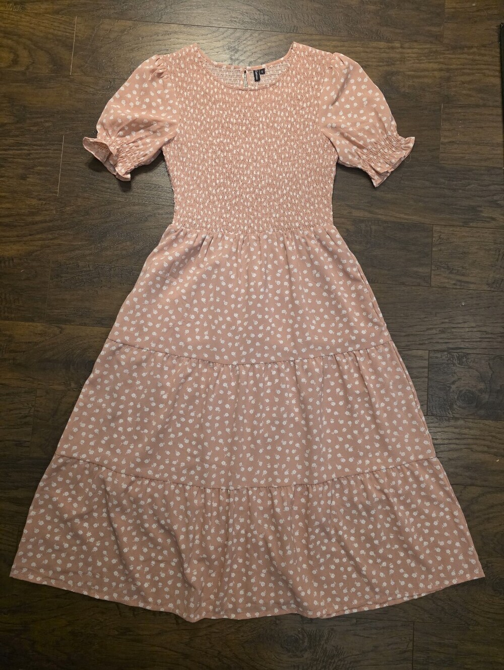 Pink Smocked Midi Dress with Puff Sleeves